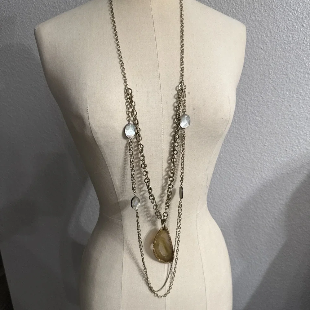 Chicos‎ Large Agate Sliced Stone Necklace Layered Long Vintage